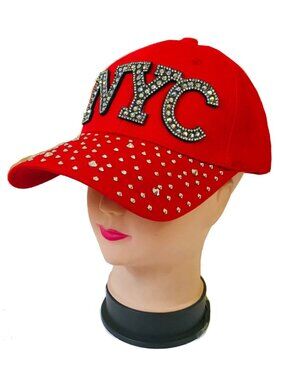 Women Fashion NYC Rhinestones Bling Bling Studs Cotton Baseball Cap - Red